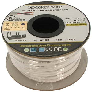 100Ft 16AWG/2C In-wall Speaker Wire, OFC CL2 UL OD-6.2mm White Jacket