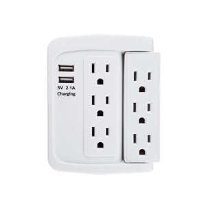 6 Outlet Swivel Wall Tap Adapter w/ 500J Surge Protector and 2 USB Charging Ports (2.1)