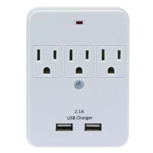 3-Outlet Surge Protected Wall Tap with 2 USB Charging Ports (2.1A)